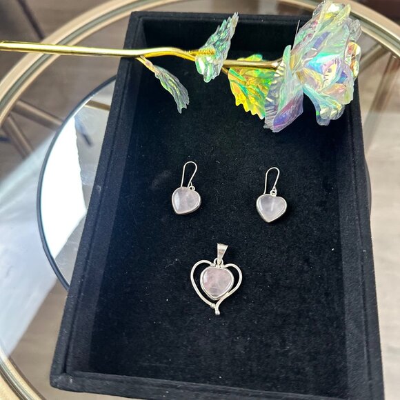 Heart-Shaped Rose Quartz Earrings & Pendant Set In Silver 925 Frame Handmade & C - Picture 2 of 9